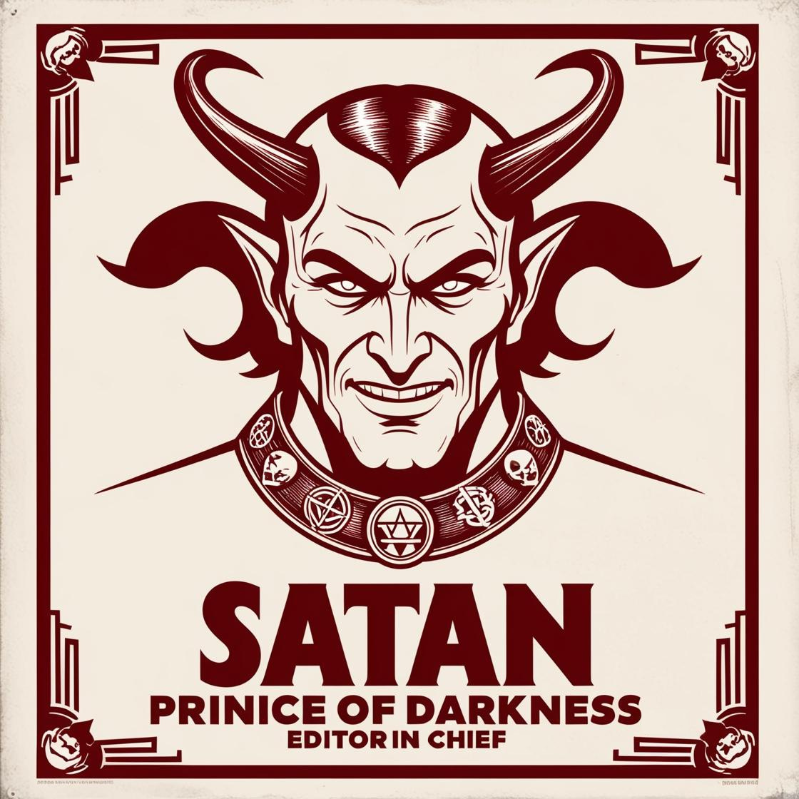 Satan, Prince of Darkness illustration - a blood-red demonic face with elegant horns and an ornate occult collar, featuring a knowing smirk. Text identifies him as Editor-in-Chief of The Dark Lord's Dispatch political satire newsletter.