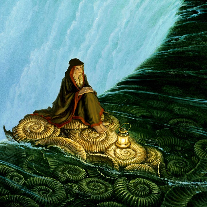 LEFT: Figure detail from THE FOURTH CRUSADE featuring a woman in hooded black robes trimmed in red sitting on an island of ammonite fossils at the edge of a massive waterfall. The fossils underwater appear green while the pie slice island she sits on are tan illuminated by yellow light from the lantern at her feet. RIGHT: Background detail from THE FOURTH CRUSADE featuring a view across a misting crescent waterfall and a stretch of dark water to an ancient city aflame. Onion domed buildings stand in burning silhouette with windblown flames trailing dark clouds of slanting smoke across the night sky. In the rippled water, the fire reflects incomplete in yellow and green highlights interrupted by black.