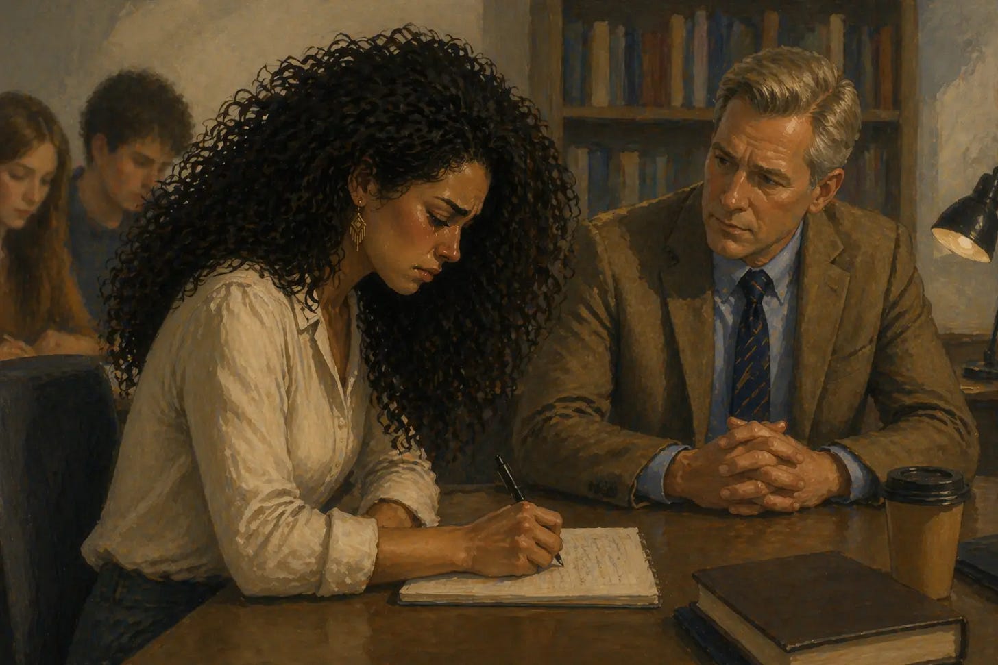 Young Mexican American woman writes at a desk while a professors sits across from her, observing in a quiet office setting. Young Mexican American woman writes at a desk while a professors sits across from her, observing in a quiet office setting.