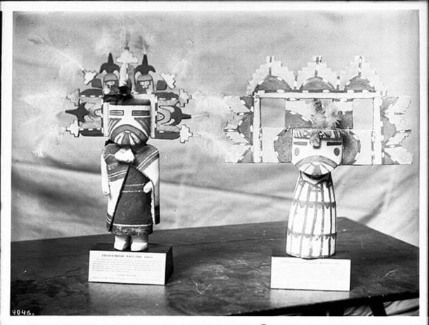 Two Hopi Indian kachina dolls (male and female), ca.1900. Two Hopi Indian kachina dolls (male and female), ca.1900.