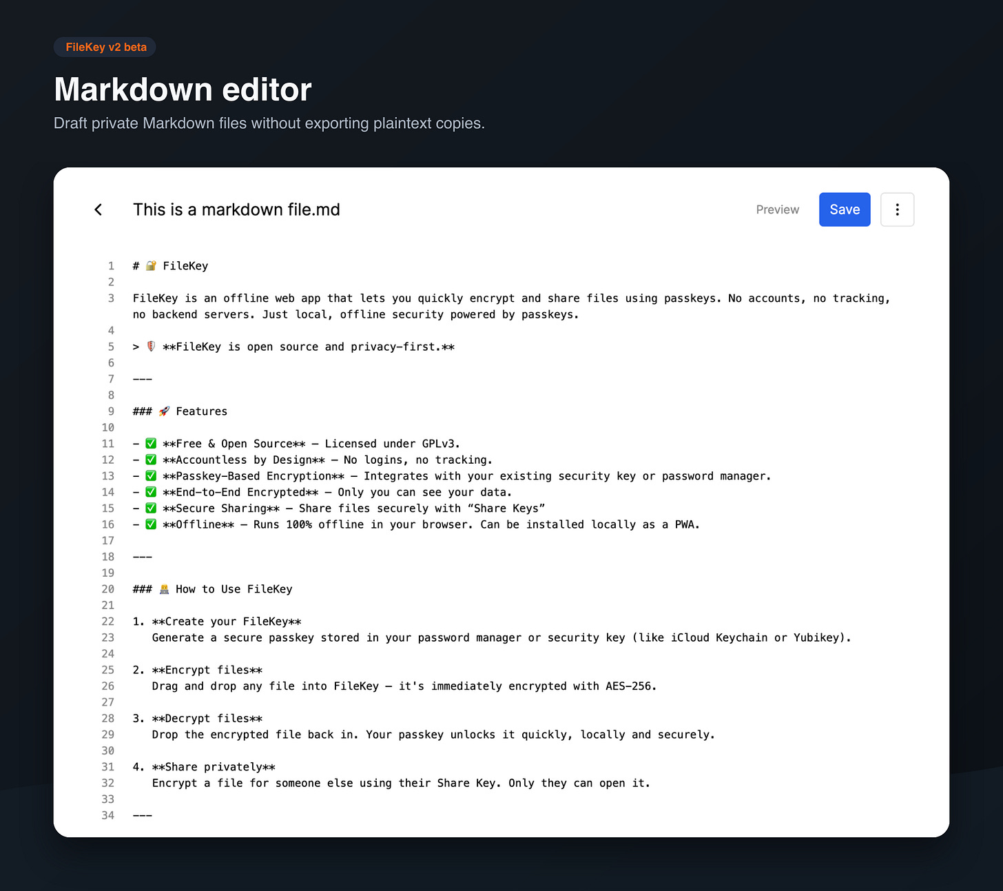 AI is expanding the use of MD files, so we included a simple markdown editor too. AI is expanding the use of MD files, so we included a simple markdown editor too.
