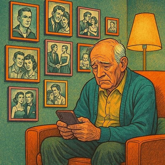 a senior in a living home sadly looking at his phone. a bunch of photographs of him and others in their youth hanging on the wall in black/white. the image should be in a 1960s sci-fi color drawing. a senior in a living home sadly looking at his phone. a bunch of photographs of him and others in their youth hanging on the wall in black/white. the image should be in a 1960s sci-fi color drawing.