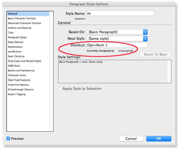 Paragraph style options for InDesign keyboard shortcuts.