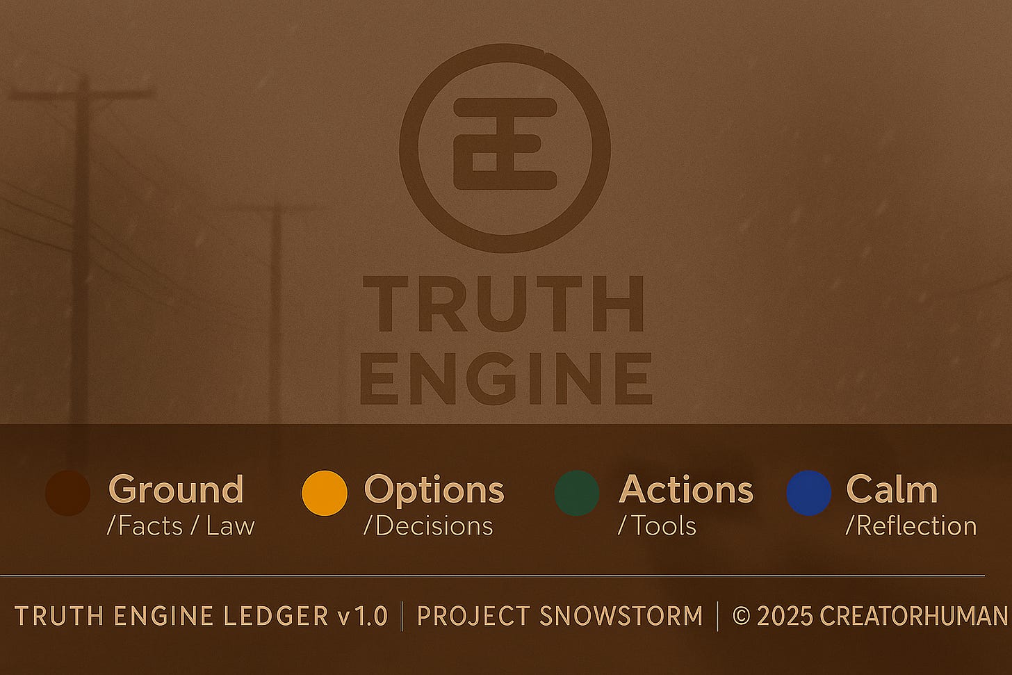 Brown background with Truth Engine logo and color-key: Ground (Facts/Law) · Options (Decisions) · Actions (Tools) · Calm (Reflection).