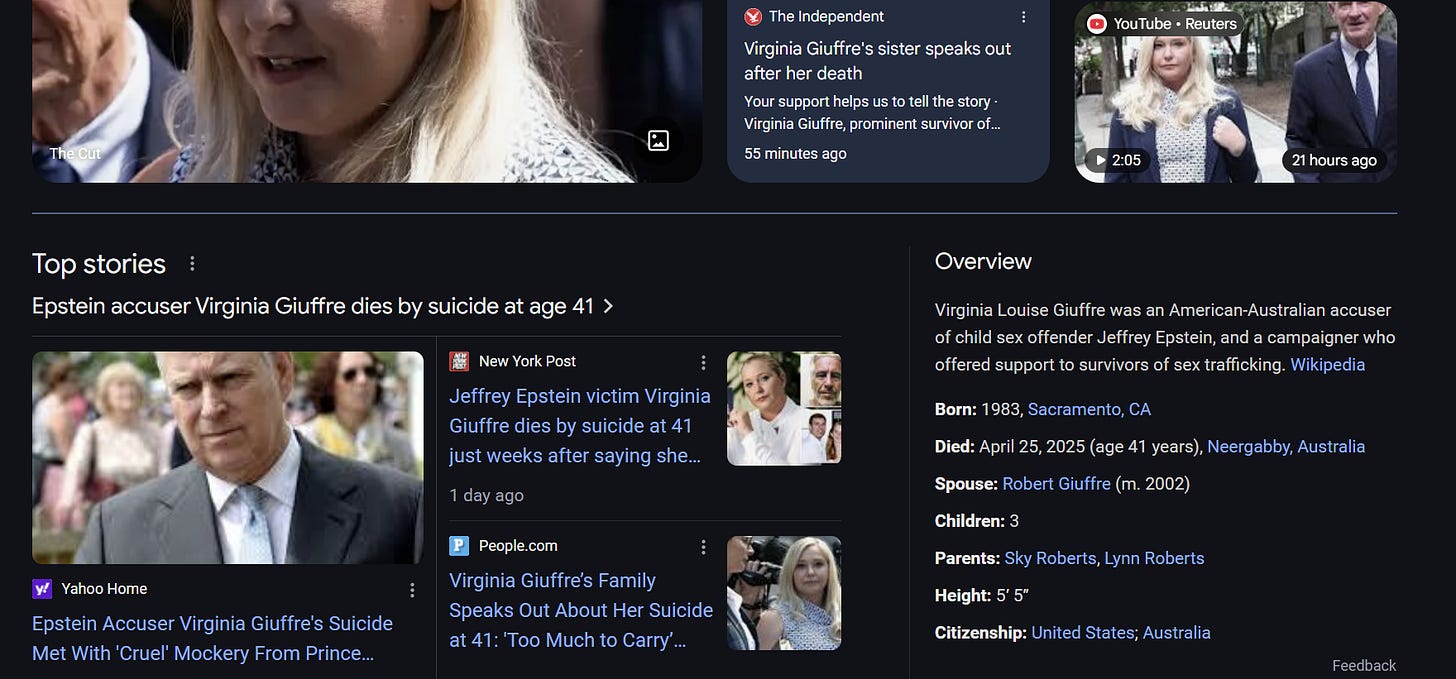 Google search results confirming that Virginia Giuffre died by suicide in April 2025, with headlines from major news outlets.