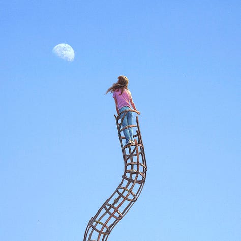 LEFT: Detail from ELLIE'S DREAM featuring a girl staring at the gibbous moon, white against clear blue sky. Her arms are locked in extension as she steadies herself at the top of a tube of metal scaffolding that reaches up into the sky so that she is almost on level with the moon. Her blonde hair is tousled by the wind. The view is from behind so we don't see her face. She wears a pink t-shirt, faded blue jeans, and white sneakers, giving the impression that she could be any girl. CENTER: Detail from ELLIE'S DREAM featuring the framework of a winding metal tube that snakes up into the clearest blue sky. While there is some uniformity in the rings structuring the tube inside, there are odd sized pieces and overlap, giving the impression that this has been somehow improvised. RIGHT: Detail from ELLIE'S DREAM featuring the bottom right of the painting where the top of a wall slopes gently into the frame. The paint is warped and rust is showing through. The number "72" is labeled in black numbers on yellow background, a small marker of our last visit to the moon. The artists initials (not a full sigil) can be see in white on the top border of the wall.