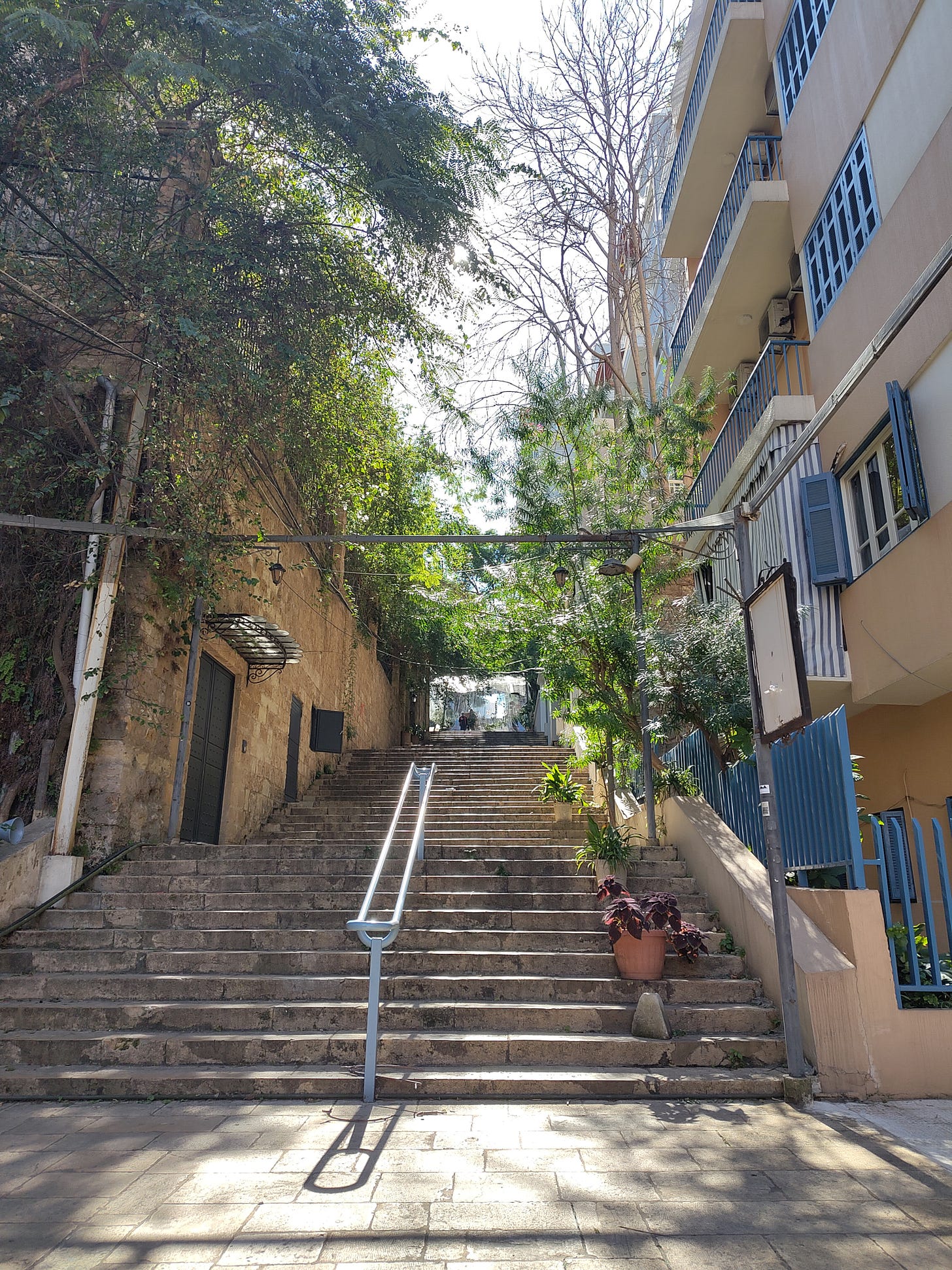 The St. Nicholas Stairs in Beirut, a tall staircase surrounded by trees and apartments with blue window shutters.