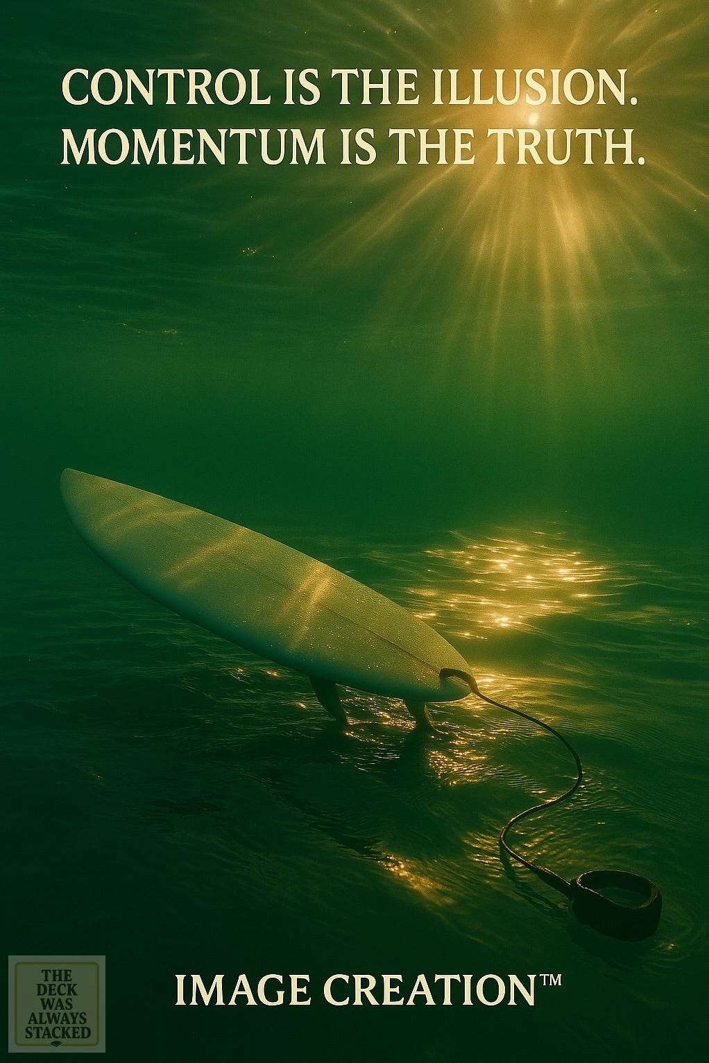 A board drifting free, leash unfastened, sunlight fracturing through green glass water.