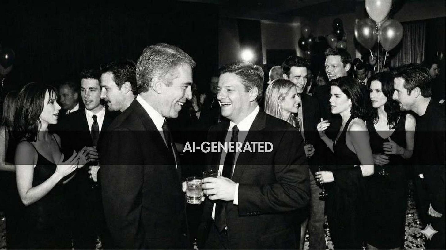 A photorealistic AI-generated black-and-white party photo of two men talking and smiling while holding drinks in a packed room, created with Google’s Nano Banana Pro and labeled “AI-GENERATED.”