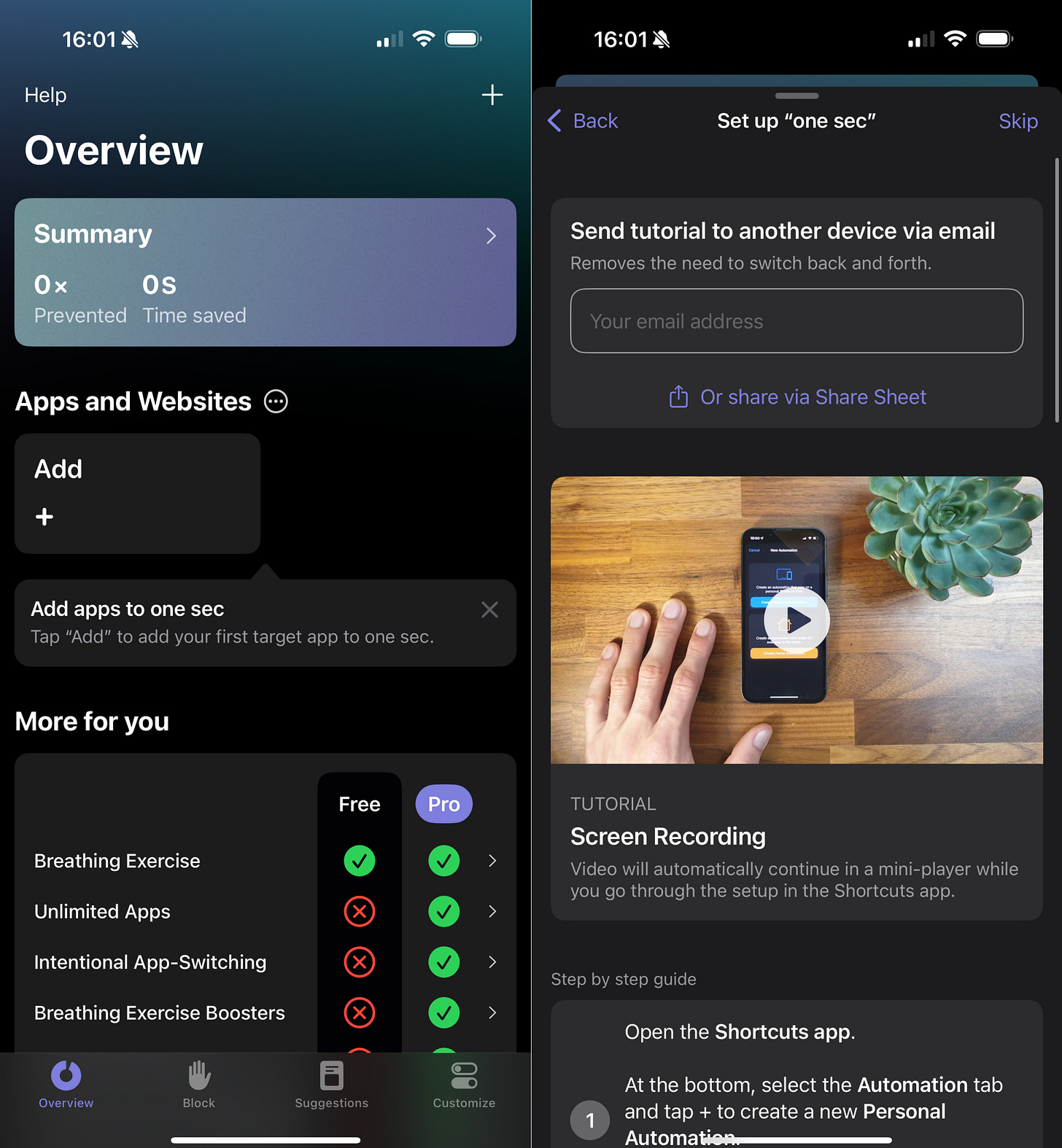 one sec app screenshots.
