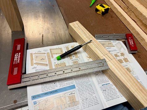 Three-step woodworking process. Left: marking mortise locations on a board with ruler and pencil over woodworking plans. Center: drilling mortises with a drill press. Right: chiseling the mortise by hand with a mallet and chisel.