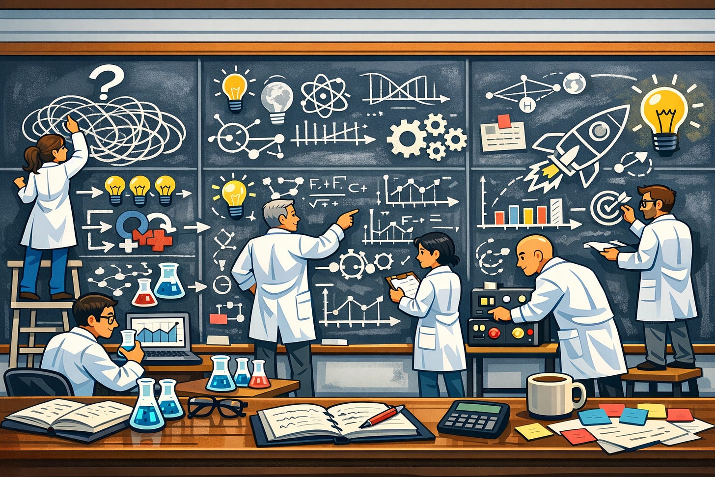 Cartoon scientists solving problem on chalkboards