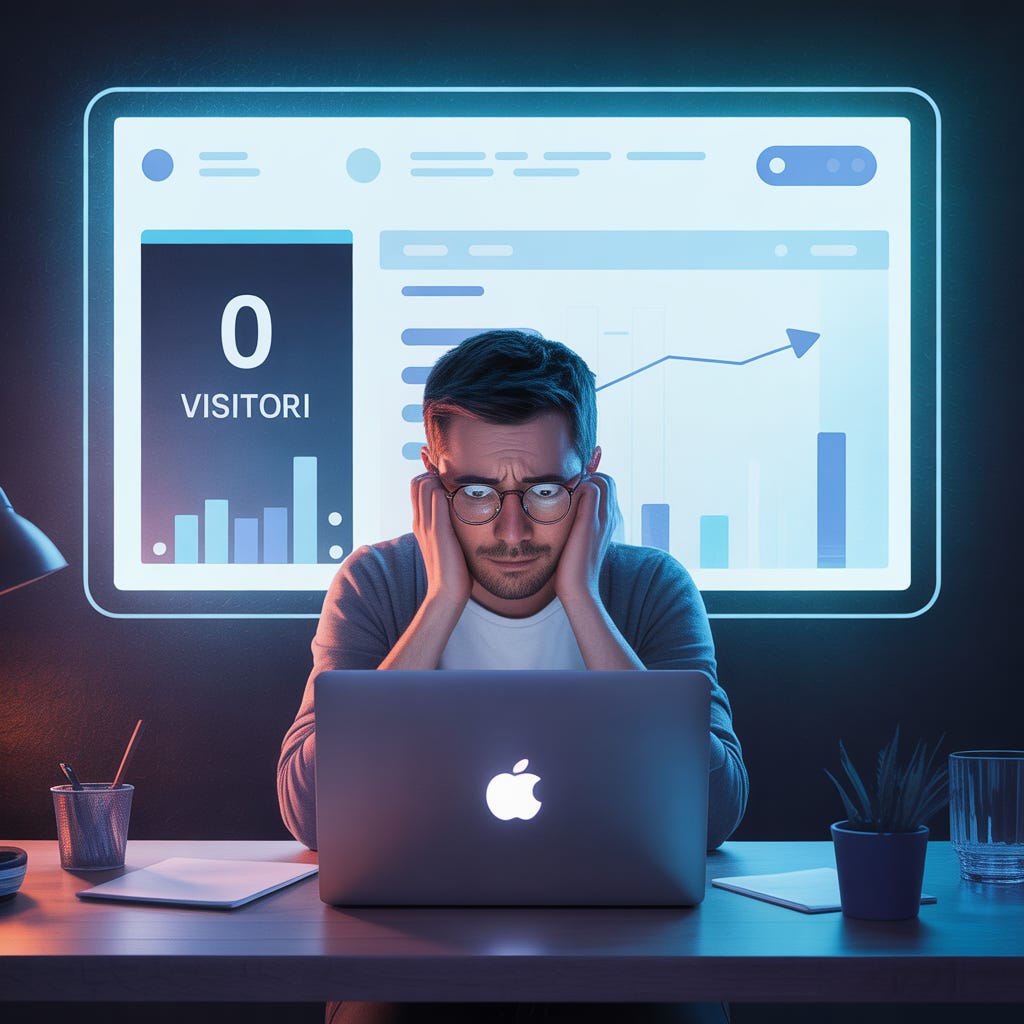 Frustrated blogger looking at laptop analytics showing zero visitors. Frustrated blogger looking at laptop analytics showing zero visitors.