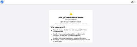 Screenshots showing Facebook enforcement actions taken against the account of Vudi Xhymshiti, including an appeal notice, temporary commenting restrictions, and blocked interaction following automated moderation decisions in late December 2025.