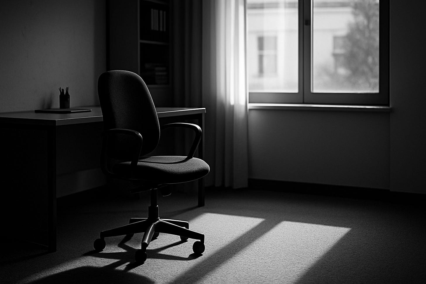Black-and-white horizontal photograph of an empty office chair beside a desk, with sunlight streaming through a window and casting long shadows across the floor—symbolizing absence, grief, and workplace humanity. Black-and-white horizontal photograph of an empty office chair beside a desk, with sunlight streaming through a window and casting long shadows across the floor—symbolizing absence, grief, and workplace humanity.