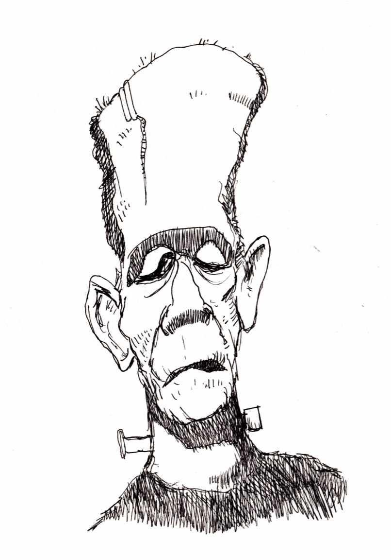 Ink drawing of Frankenstein's creation's head.
