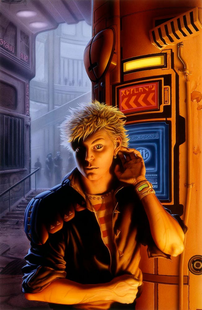 A man with spiky blonde hair tilts his head as he probes the skin just behind his ear. One side of his face falls in shadow. His irises are brilliant green with pupils split vertically like a cat's eyes. The sleeves of his black jacket are rolled up exposing scars on his arms. Veins bulge on his exposed skin. On his wrist, he wears a futuristic device with a green tinted display. Behind him, a digital display glows electric blue on black. The words are an alien script but the screen features the artist's MW sigil, easily recognizable though partially obscured. The lighting on Cat is intensely warm, tinting his skin orange, while the view out of the alley behind him is cool purple in contrast. A man with spiky blonde hair tilts his head as he probes the skin just behind his ear. One side of his face falls in shadow. His irises are brilliant green with pupils split vertically like a cat's eyes. The sleeves of his black jacket are rolled up exposing scars on his arms. Veins bulge on his exposed skin. On his wrist, he wears a futuristic device with a green tinted display. Behind him, a digital display glows electric blue on black. The words are an alien script but the screen features the artist's MW sigil, easily recognizable though partially obscured. The lighting on Cat is intensely warm, tinting his skin orange, while the view out of the alley behind him is cool purple in contrast.