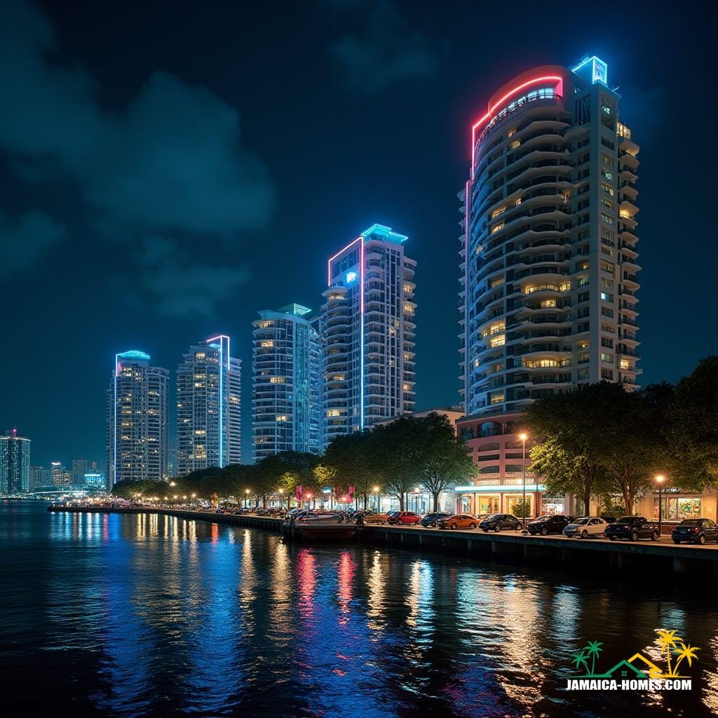 Glowing Kingston waterfront at night, futuristic condos with neon edges, illuminated skybridges, cars parked below, reflections on Caribbean Sea, Jamaican flags, murals, and reggae posters, cinematic lighting, shot on 35mm film with v-raptor XL, film grain, vignette, color graded, post-processed, inspired by the dramatic styles of Denis Villeneuve, Roger Deakins, and Emmanuel Lubezki.