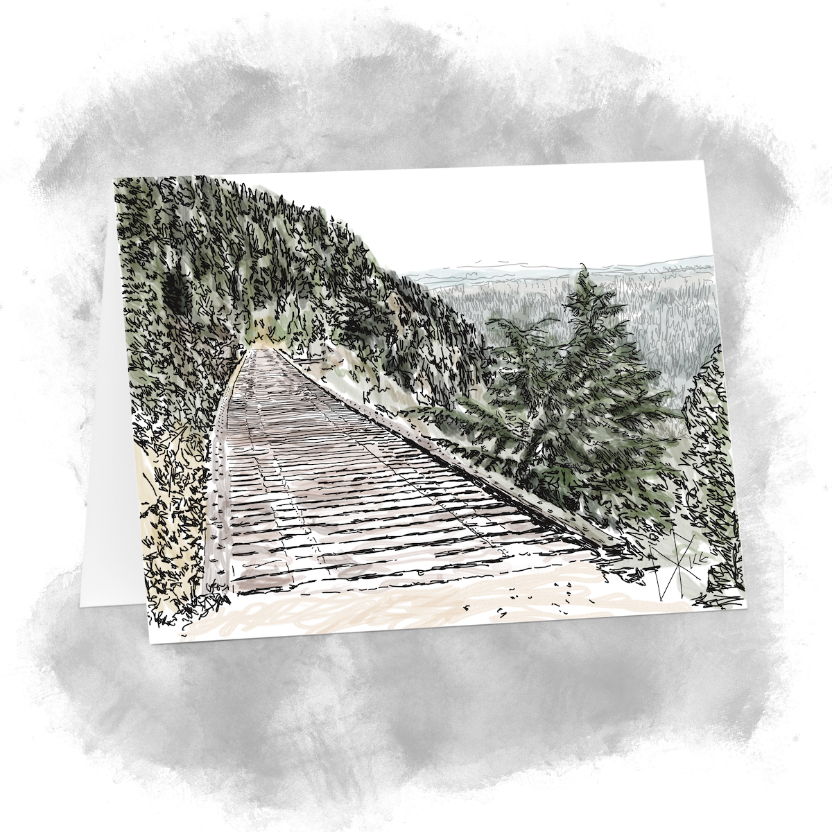 Seated at one end of an old bridge in British Columbia, looking along the bridge to the opposite side. Sketch art by Don Rice. Seated at one end of an old bridge in British Columbia, looking along the bridge to the opposite side. Sketch art by Don Rice.