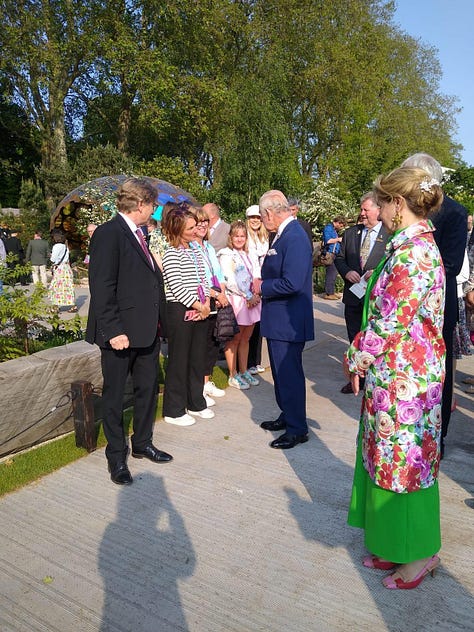 Makeup artists Donna May with David Beckham and King Charles at The Chelsea Flower Show