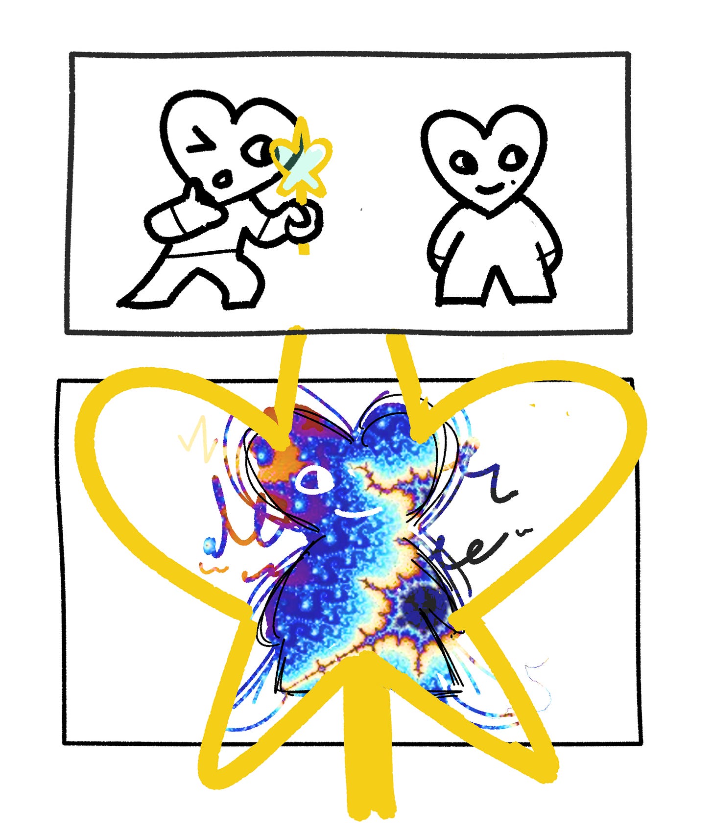 A two panel cartoon. In the first panel, Character A peers at Character B through a magnifying glass shaped like a "heart star." In the second panel, through the lens of the magnifying glass, Character B looks more fractal and beautiful than before.