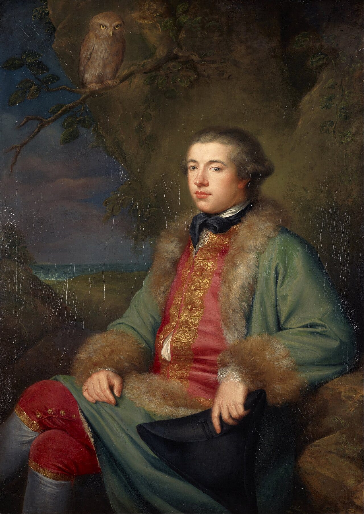 James Boswell by George Willison: a young man in a green fur trimmed coat, a small owl on a branch above his head James Boswell by George Willison: a young man in a green fur trimmed coat, a small owl on a branch above his head