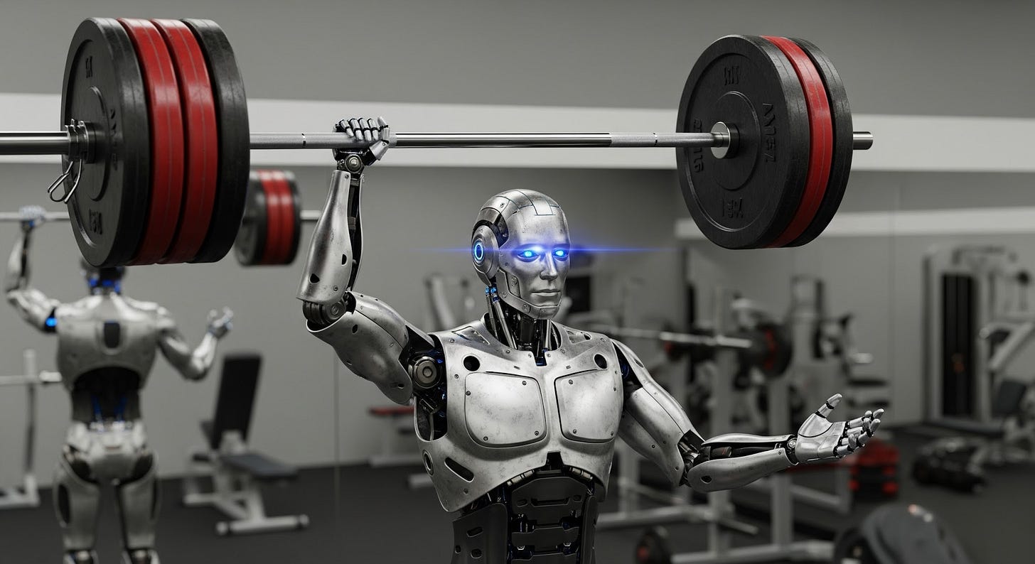 A robot lifting a heavy barbell with ease