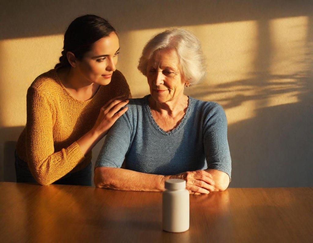 Dark-haired daughter comforts 80-year-old mother withj gray hair. Both are in a pensive mood with streak with sunlight behind hem. Pill bottle is in foreground.