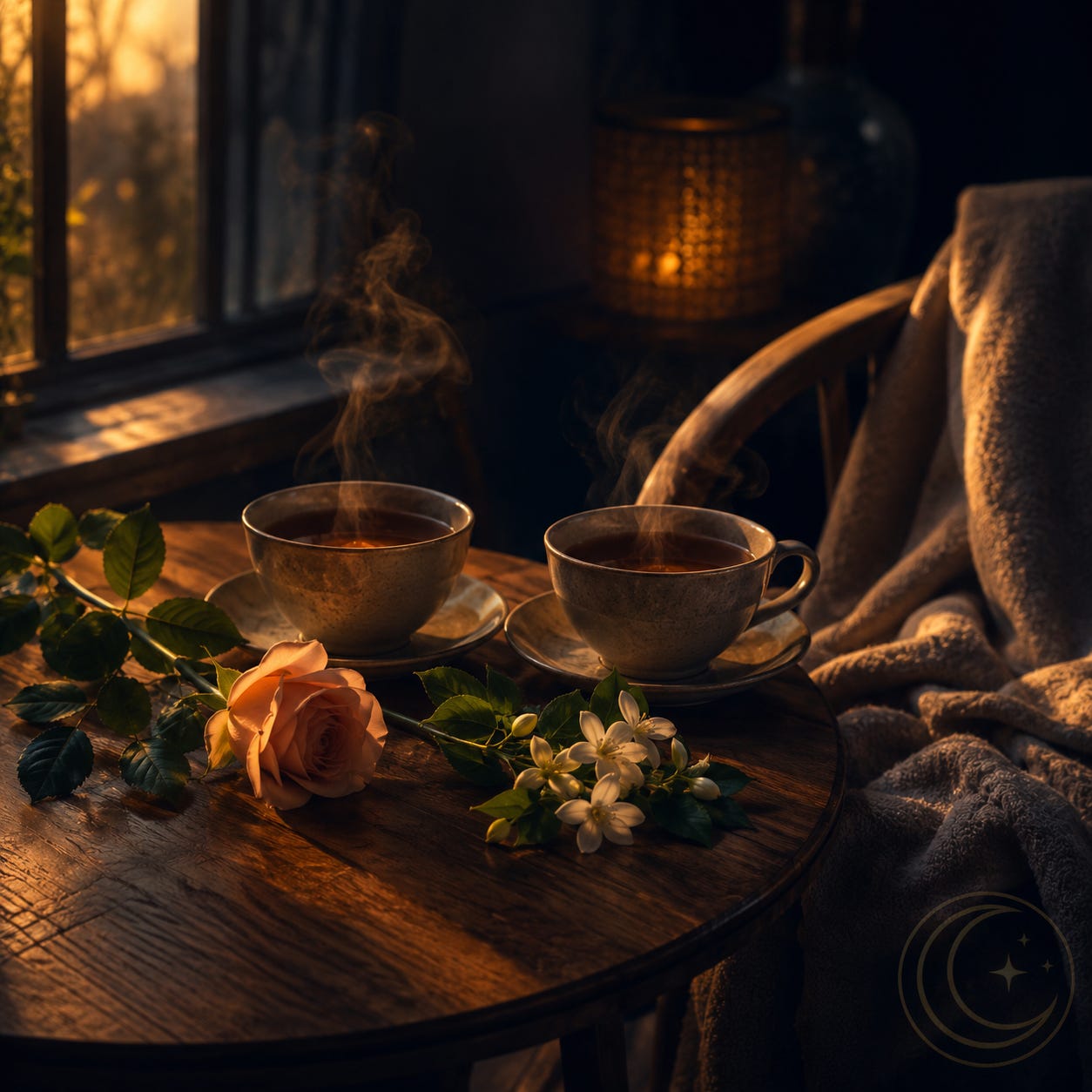 MoonInMental aromatherapy image for Venus meeting Jupiter in Cancer week June 2026. Two cups of tea, a rose, and orange blossom in warm window light representing care, kindness, and being looked after. MoonInMental aromatherapy image for Venus meeting Jupiter in Cancer week June 2026. Two cups of tea, a rose, and orange blossom in warm window light representing care, kindness, and being looked after.