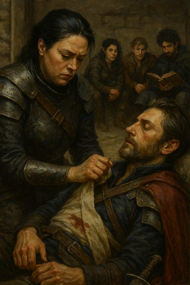 A dark fantasy scene inside the ruined loading dock of the Wizard of Wines Winery. In the foreground, Clarion—visually inspired by Gwendolyne Christie with long black hair—kneels beside Fleetwood, visually inspired by Richard Armitage. She wraps a glowing bandage around his arm, her fingers pulsing with soft healing magic. Fleetwood sits against a broken barrel, his face bruised, his sword resting beside him. In the background, Silverleaf—an elf visually inspired by Tatiana Maslany—sits cross-legged, sharpening her blade. Greegan—visually inspired by Matt Ryan in rogue’s leathers—leans against a beam, watching quietly. Felonious—visually inspired by Ben Whishaw—sits with the Tome of Strahd open across his lap, murmuring as arcane symbols shimmer faintly. The firelight flickers across their faces, casting long shadows. Ravens perch silently overhead.