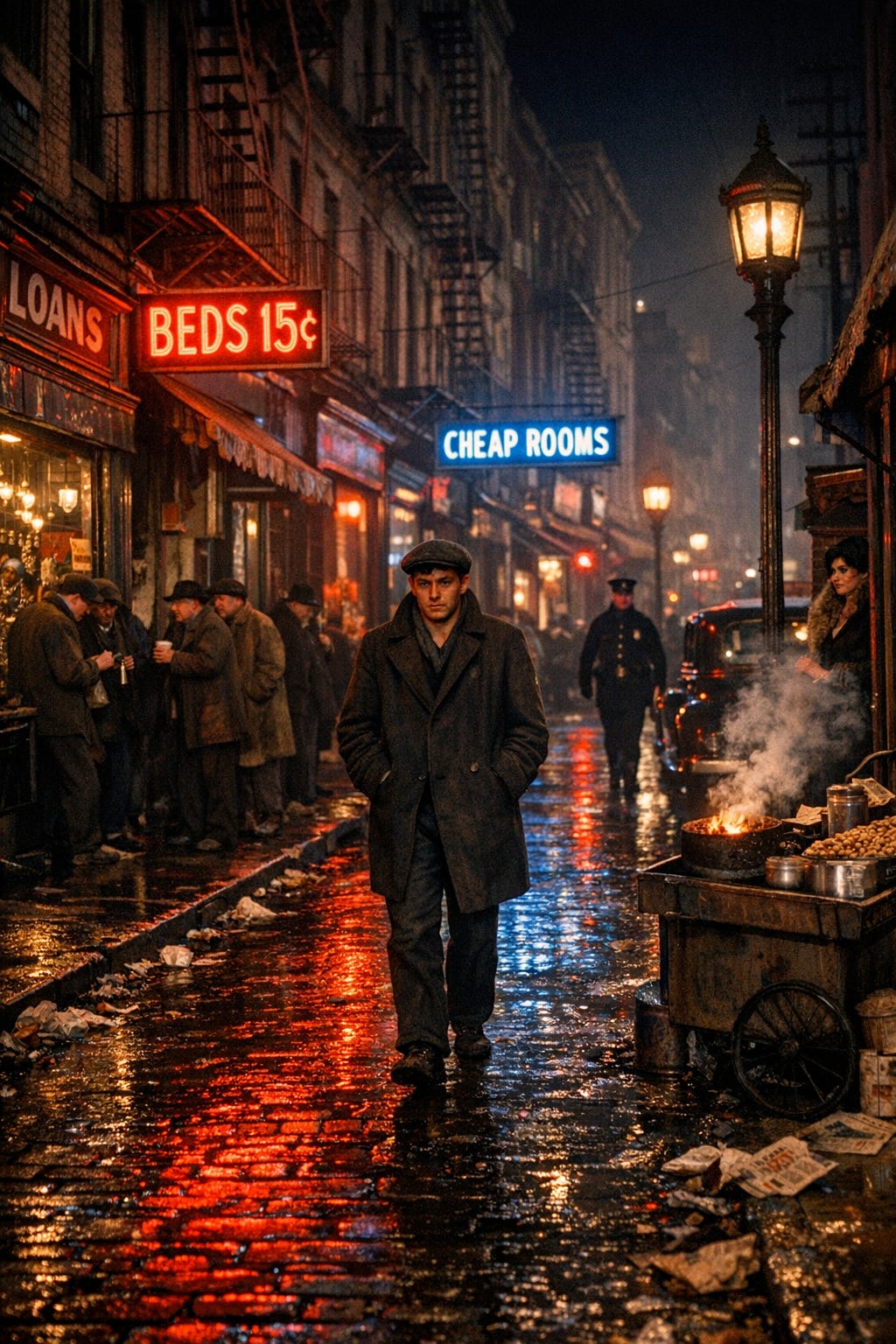 Hyperrealistic color photograph of the Bowery street at night, New York City, December 1935. in color Neon signs for flophouses glowing red and blue, advertising “BEDS 15¢” and “CHEAP ROOMS.” Wet cobblestone street reflecting colored lights. Groups of destitute men gathered in doorways, some passing bottles. A lone young man walking down the center of the frame, coat collar turned up against the cold, face showing exhaustion and uncertainty. Storefronts include pawnshops with cluttered window displays—watches, rings, suits. A vendor’s cart with a charcoal brazier roasting peanuts, steam rising. A uniformed policeman visible in background on his beat. The street has an atmosphere of danger and desperation. Period details: vintage cars parked along curb, old lamp posts, fire escapes on tenement buildings above. A woman in heavy makeup standing in a doorway. Garbage in gutters. Documentary noir photography style, dramatic contrast between neon light and deep shadows, wet reflections, authentic Depressionera urban poverty at its grimmest..png