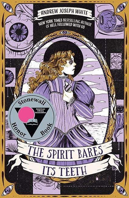Purple and orange cover featuring a person with long hair, purple eyes and dress holding a shard of glass, multiple eyeballs on cover with book title, author name, and a Stonewall Honor Book sticker from the American Library Association