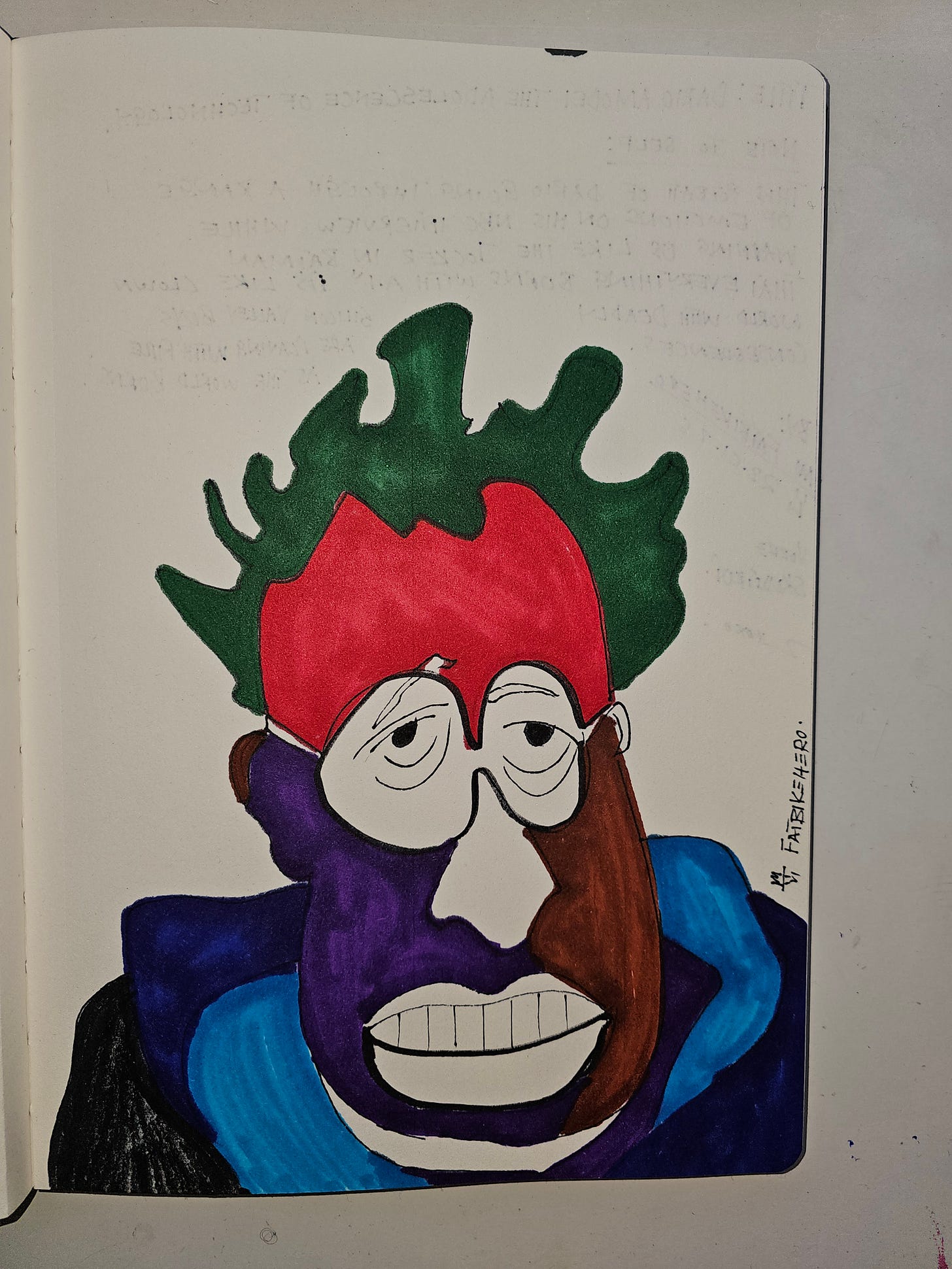 A vivid, expressionist marker portrait by FatbikeHero (b. 1983) depicting Dario Amodei with green flame-like hair and a red and purple mask-like face. The style is raw and satirical, evoking the Joker to comment on the dangers of artificial intelligence discussed in Amodei's essay "The Adolescence of Technology." A vivid, expressionist marker portrait by FatbikeHero (b. 1983) depicting Dario Amodei with green flame-like hair and a red and purple mask-like face. The style is raw and satirical, evoking the Joker to comment on the dangers of artificial intelligence discussed in Amodei's essay "The Adolescence of Technology."