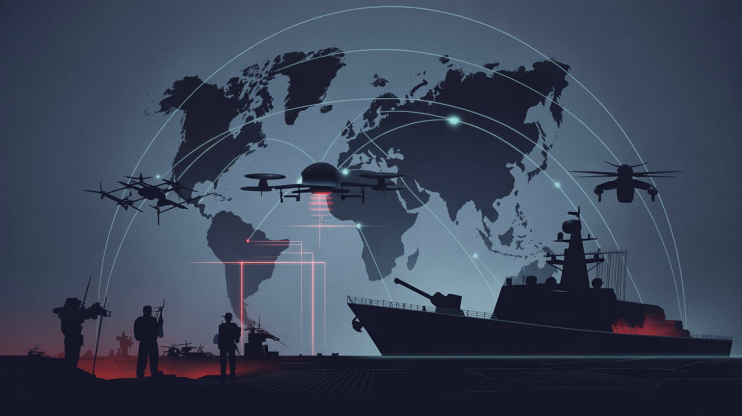 Illustration of global military testing grounds showing drones, warships, soldiers, and satellites over a world map, symbolizing China’s multi-domain military modernization. Illustration of global military testing grounds showing drones, warships, soldiers, and satellites over a world map, symbolizing China’s multi-domain military modernization.