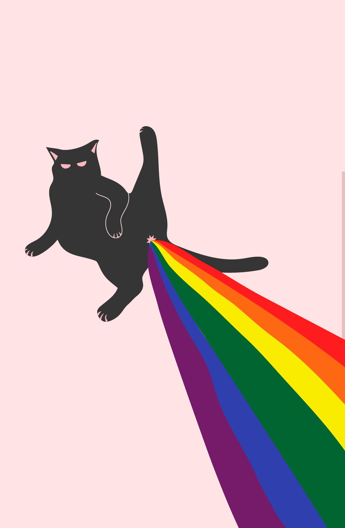 A minimalist, humorous graphic illustration on a solid pastel pink background. It depicts a stylized black cat with glowing pink eyes raised up on its front paws and one hind leg. A bold, vibrant rainbow consisting of red, orange, yellow, green, blue, and purple stripes shoots diagonally downwards out from beneath its lifted tail.