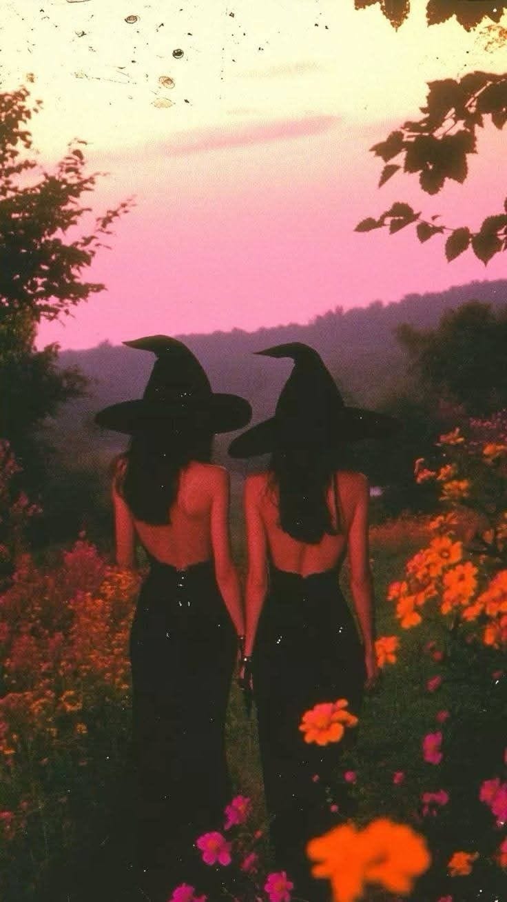two witches walking through a field of flowers as the sun goes down