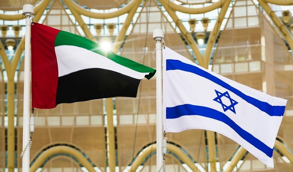 The Emirati and Israeli flags fly overhead as Israeli President Isaac Herzog gives a speech at Expo 2020 in Dubai, United Arab Emirates, Jan. 31, 2022. (AP) The Emirati and Israeli flags fly overhead as Israeli President Isaac Herzog gives a speech at Expo 2020 in Dubai, United Arab Emirates, Jan. 31, 2022. (AP)