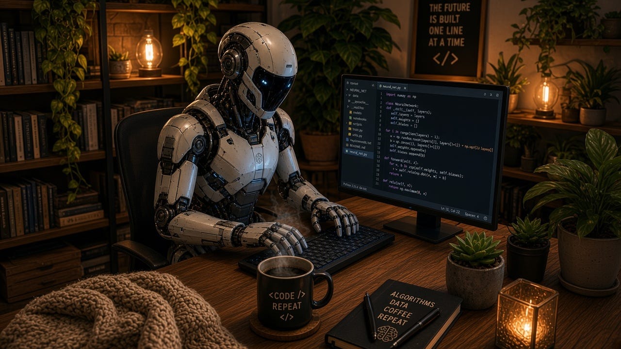 Futuristic white robot sitting at his desk, writing code on his PC, with a steaming cup of coffee at his side