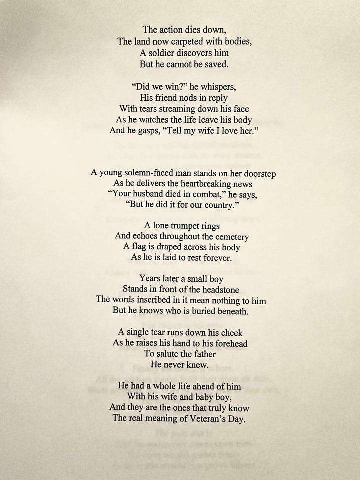 Terrible Veterans Day poem written by a ninth grader.