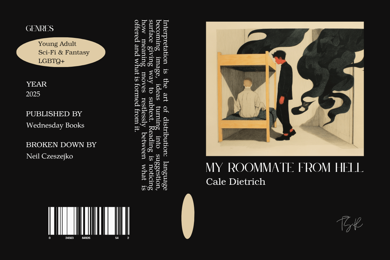 Editorial graphic featuring a stylized book jacket for "My Roommate from Hell" by Cale Dietrich. The layout depicts two young men in a dorm room; one sits on the bottom bunk of a wooden bed, while the other, with red skin and horns, stands beside it, shadowed by dark, swirling smoke-like shapes rising behind him. Metadata columns on the left list the genres Young Adult, Sci-Fi & Fantasy, and LGBTQ+, the publisher Wednesday Books, and contributor Neil Czeszejko. All set against a black composition with a column of text about the art of interpretation and a barcode at the bottom. Part of the Breakdown series at The Subtext Review.
