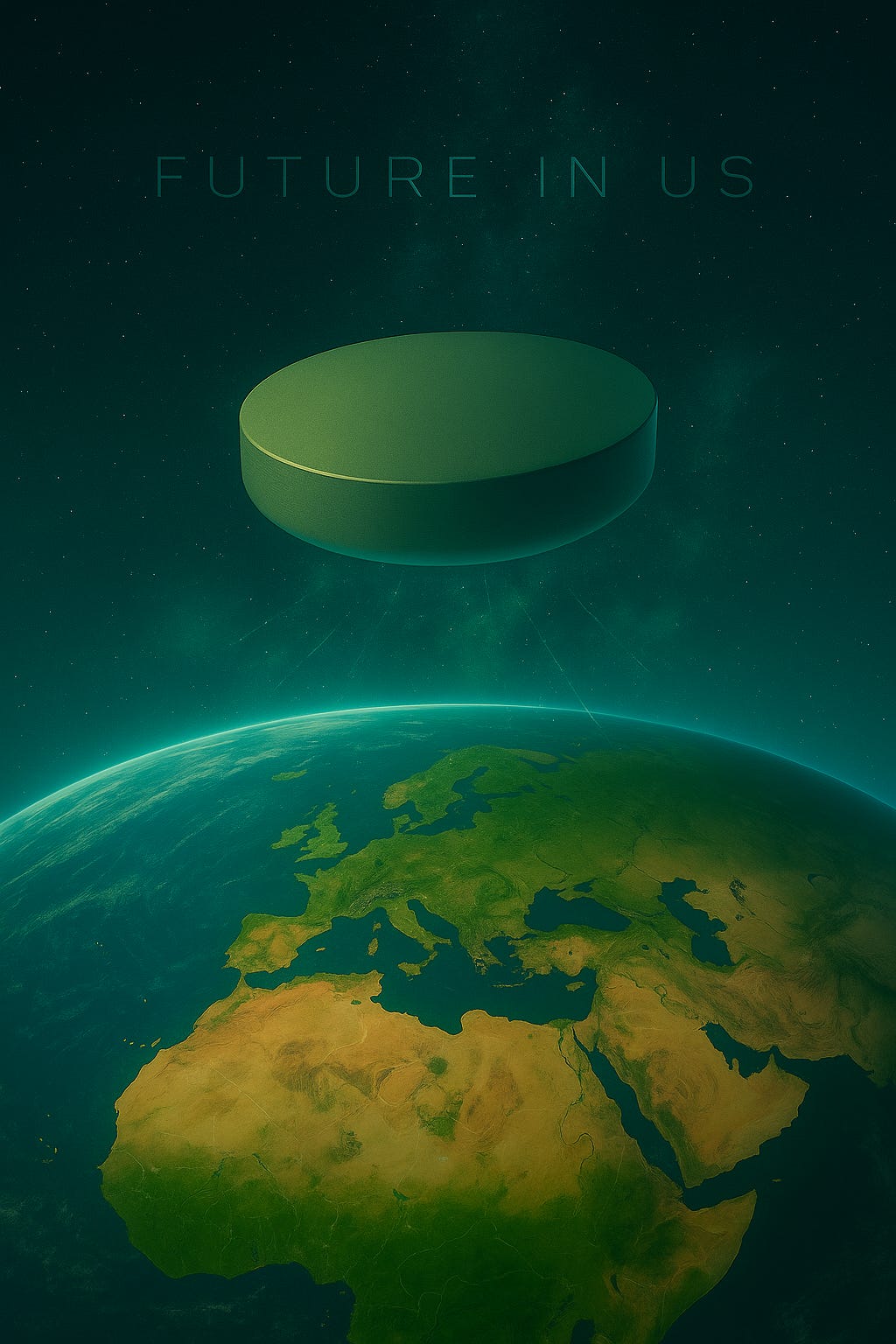 A green, futuristic AI-powered device hovers above Earth, emitting subtle light beams. The text “FUTURE IN US” floats above, blending into the starry sky. The planet below is centered on Europe and Africa, symbolizing global awareness and sustainable design. A green, futuristic AI-powered device hovers above Earth, emitting subtle light beams. The text “FUTURE IN US” floats above, blending into the starry sky. The planet below is centered on Europe and Africa, symbolizing global awareness and sustainable design.