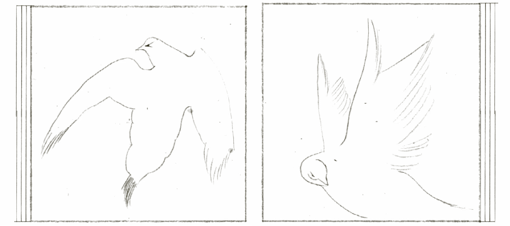 Two pencil-drawn birds fly in opposite directions, each in its own frame. Their forms are slightly abstract, capturing graceful movement and airiness.