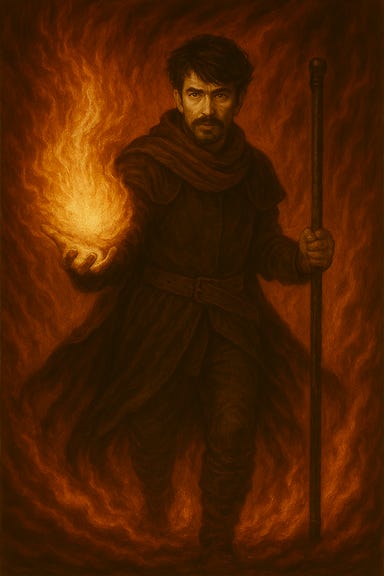 Create an image of Felonious casting a fireball, with features inspired by Ben Whishaw (not an exact likeness), wielding a black iron-shod staff and without a shield