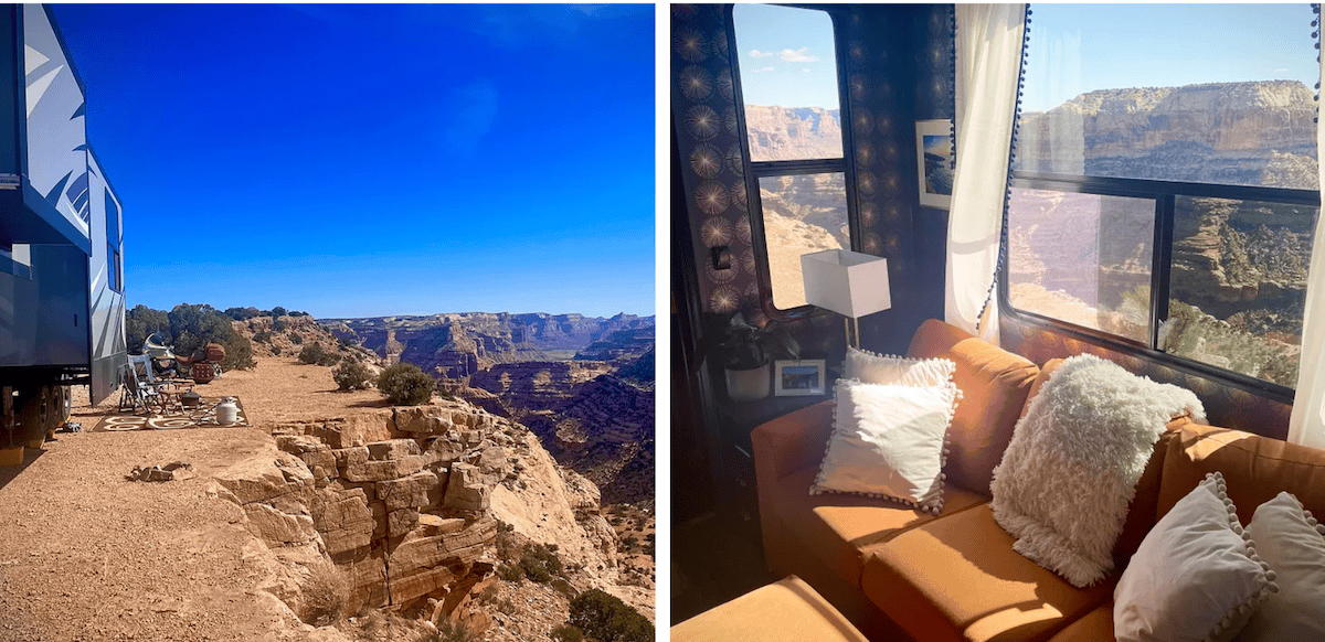 View of the hillside and landscape from an RV window. View of the hillside and landscape from an RV window.