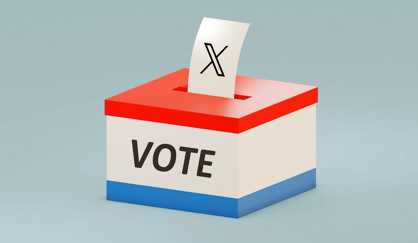 A ballot box coloured in blue, white, and red. A vote on white paper protrudes from the box marked with a stylised X in the Special Alphabets 4 font.