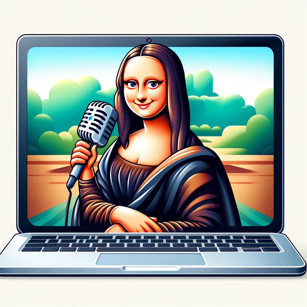 A cartoon-style digital artwork of the Mona Lisa, depicted as an image on a laptop screen. Mona Lisa is holding a microphone and appears to be singing. The laptop should be clearly visible, and the style should be colorful and playful, emphasizing cartoonish features while still capturing the essence of the famous portrait in a contemporary and humorous setting.