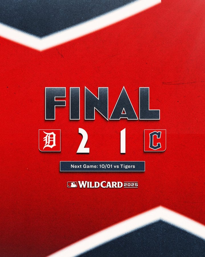A red background with white and black geometric shapes. Text reads "FINAL" in large letters. Scores show Detroit Tigers 2 and Cleveland Guardians 1. Additional text states "Next Game 10/01 vs Tigers" and "WILDCARD 2023" with logos for Detroit Tigers and Cleveland Guardians.
