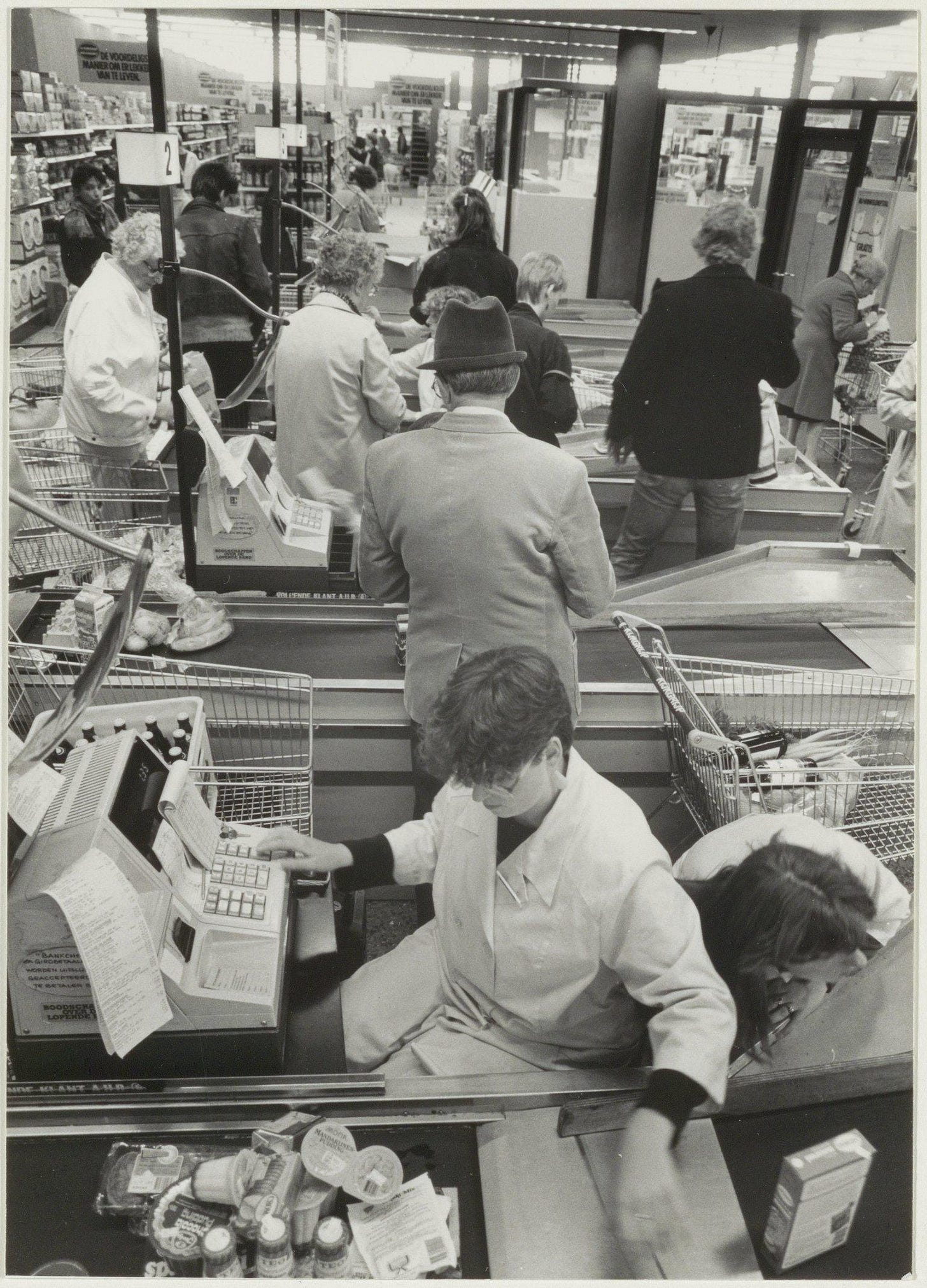 Cashiers at a Netherlands supermarket, June 1985, provided with chairs as an employee right under 'right-to-sit' laws. Cashiers at a Netherlands supermarket, June 1985, provided with chairs as an employee right under 'right-to-sit' laws.
