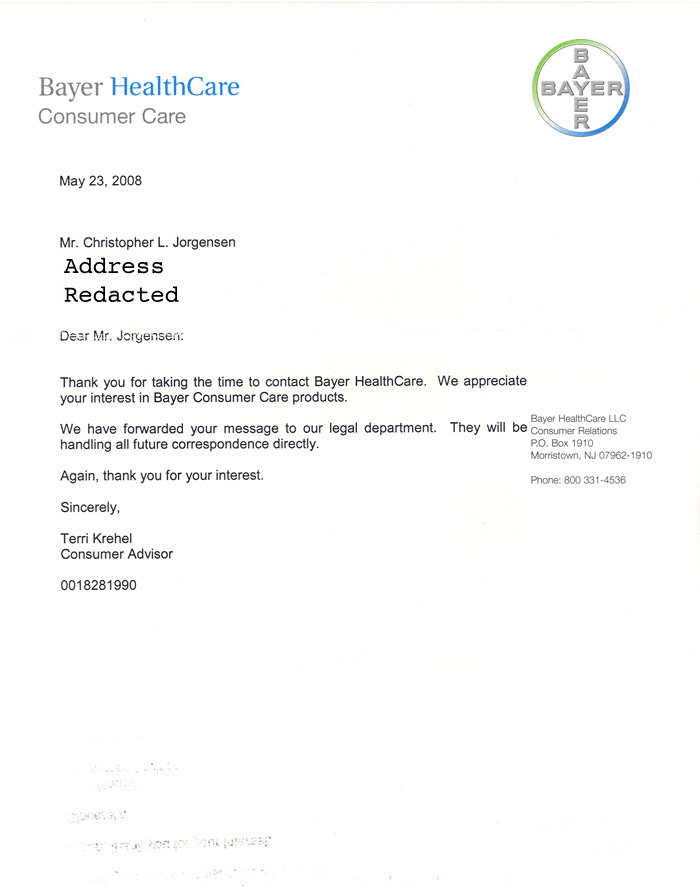 Scan of the letter from Bayer. Transcript follows.