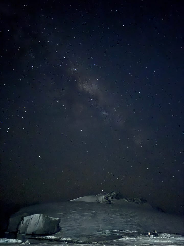 Stars in the Antarctic night sky, with images showing thousands of starts and the Milky Way above Rothera.